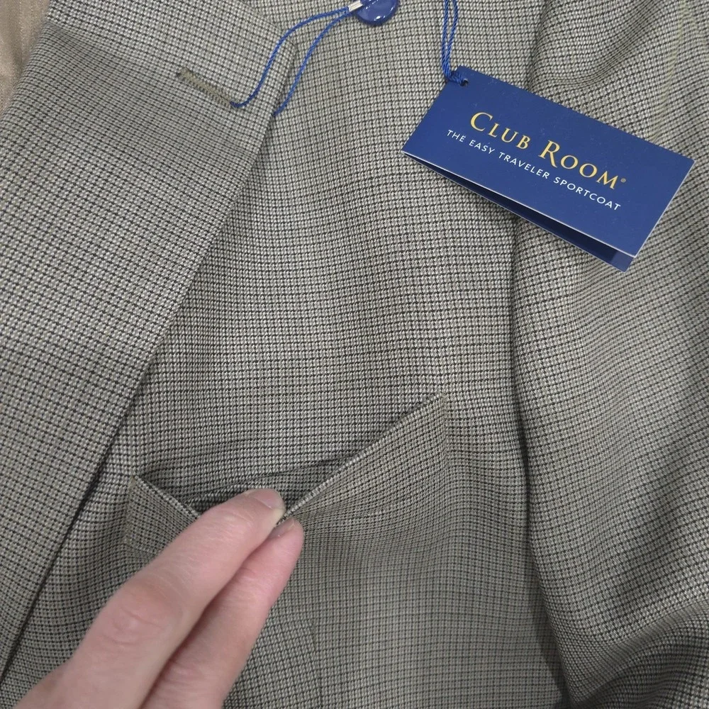 Club Room Sport Coat Men's 44L Olive Black Micro-Check 100% Pure Wool 2-Button